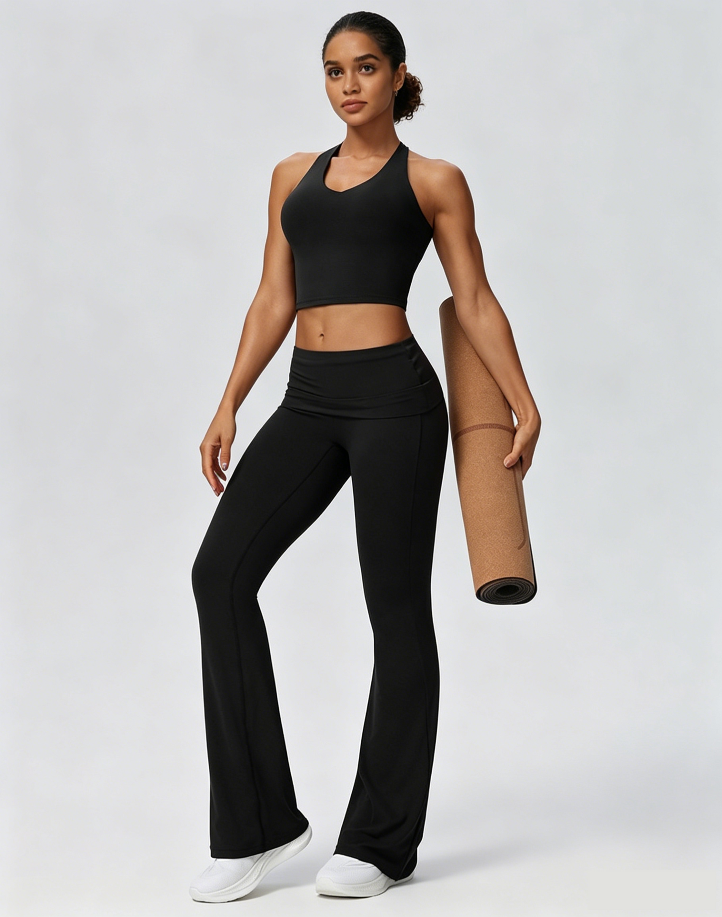 fold over flare leggings black