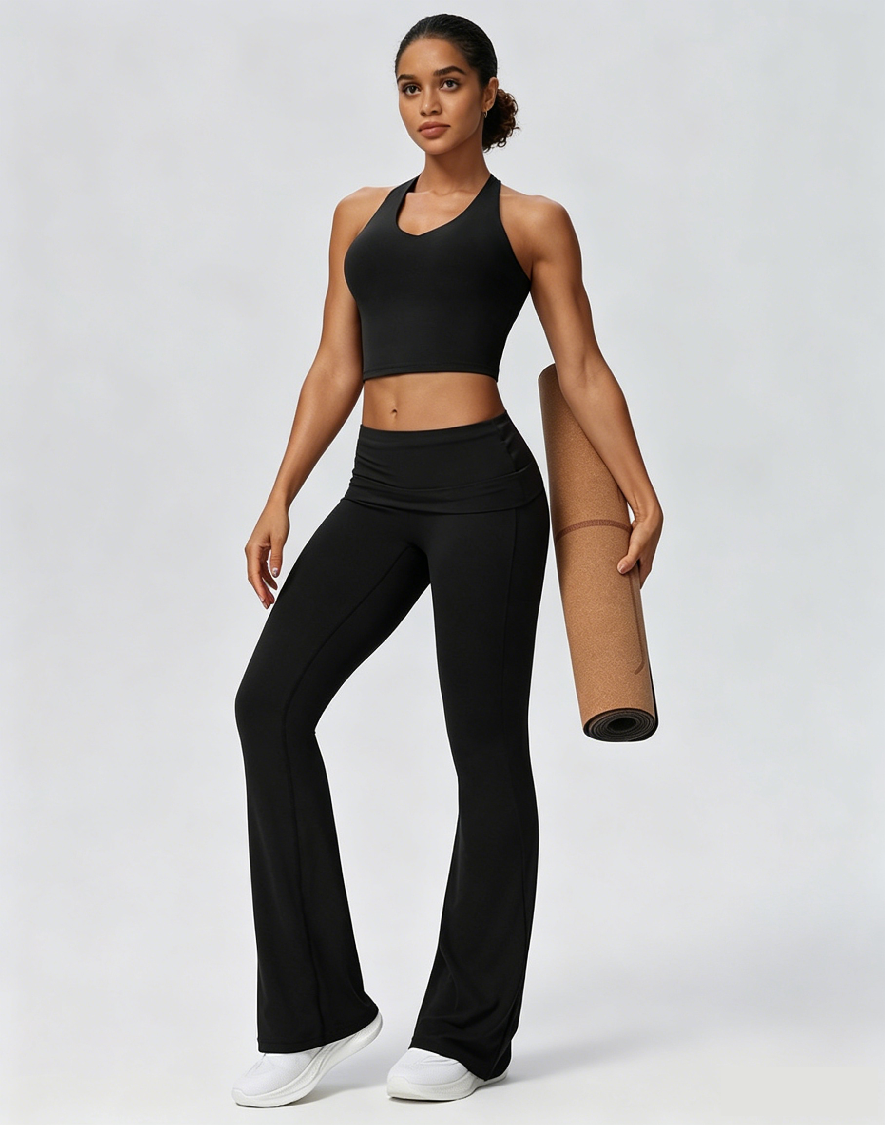 fold over flare leggings black