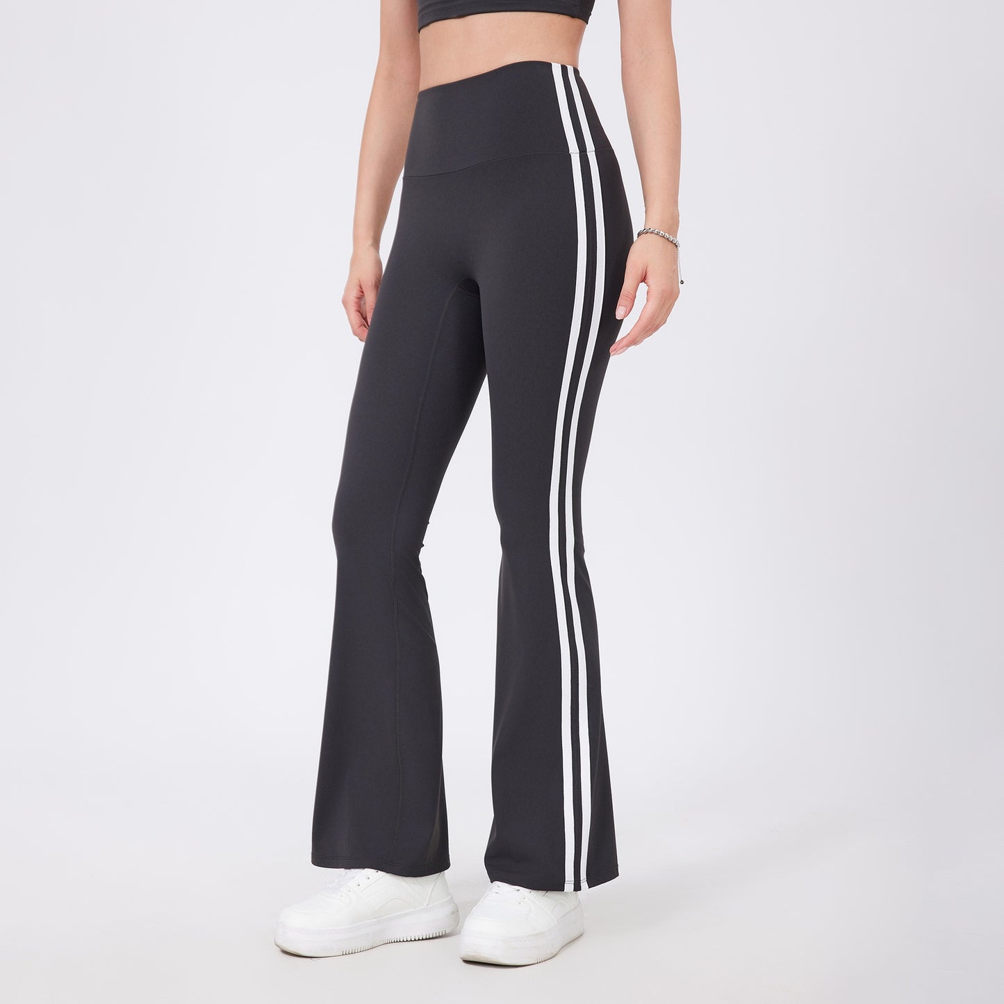 grey flare leggings with stripes