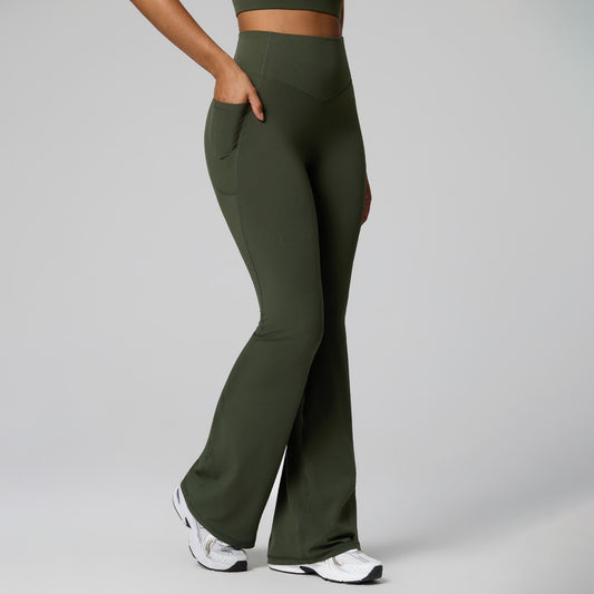 green gym flare pants with pockets women