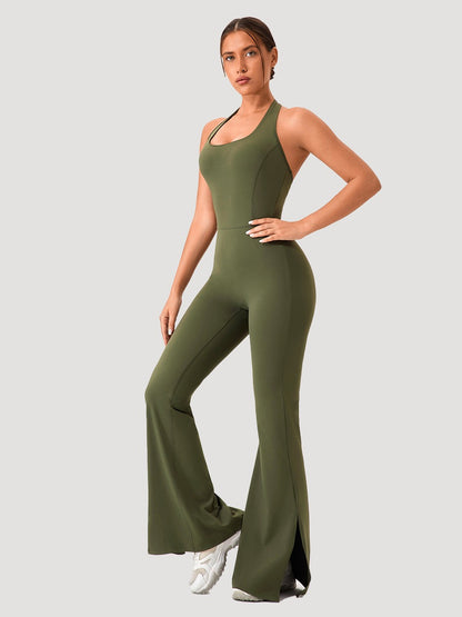 gym jumpsuit flare leg green