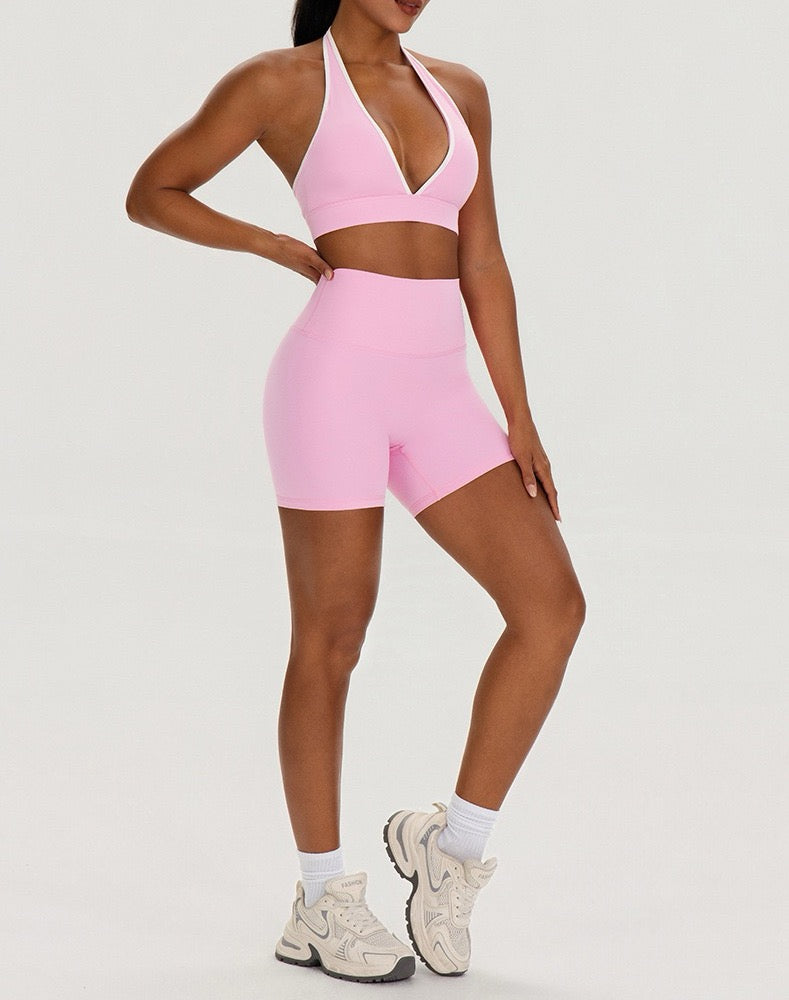 pink halter bra high waist shorts set