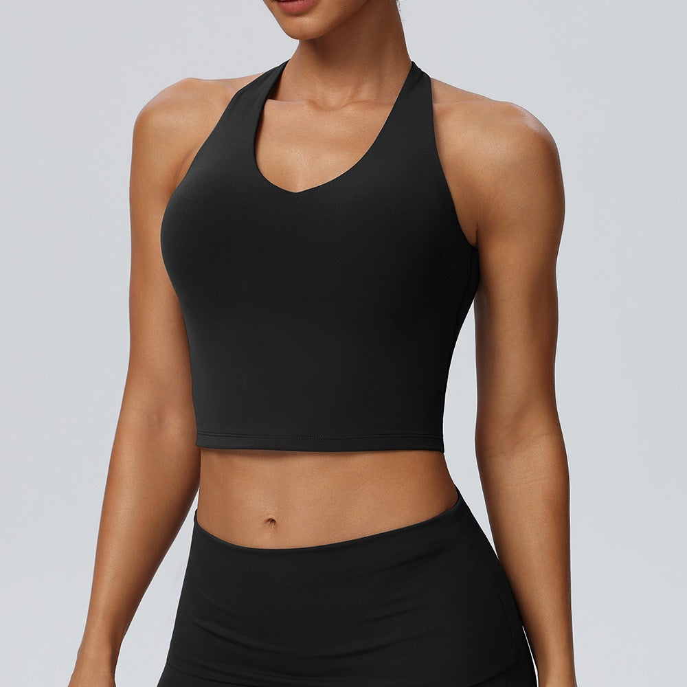 halter deep v athletic crop top for women