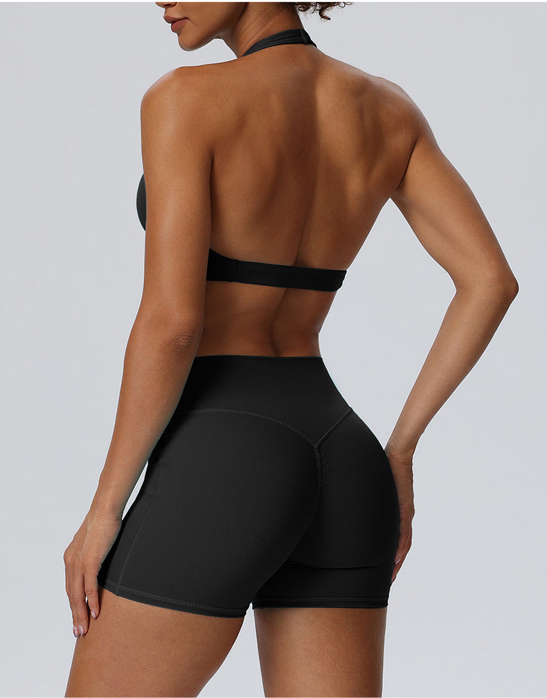 black halter neck bra and shorts set