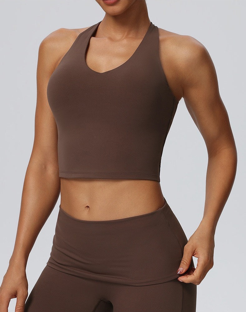 brown halter neck crop top for women