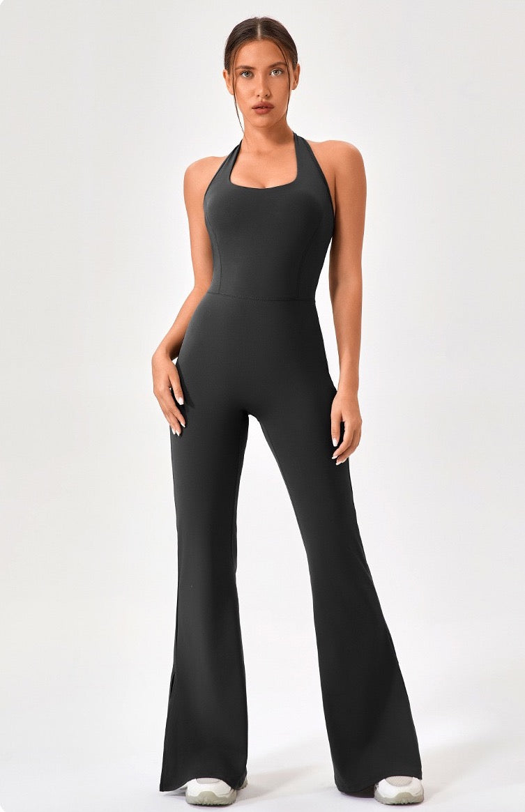 halter neck jumpsuit with flare leg black