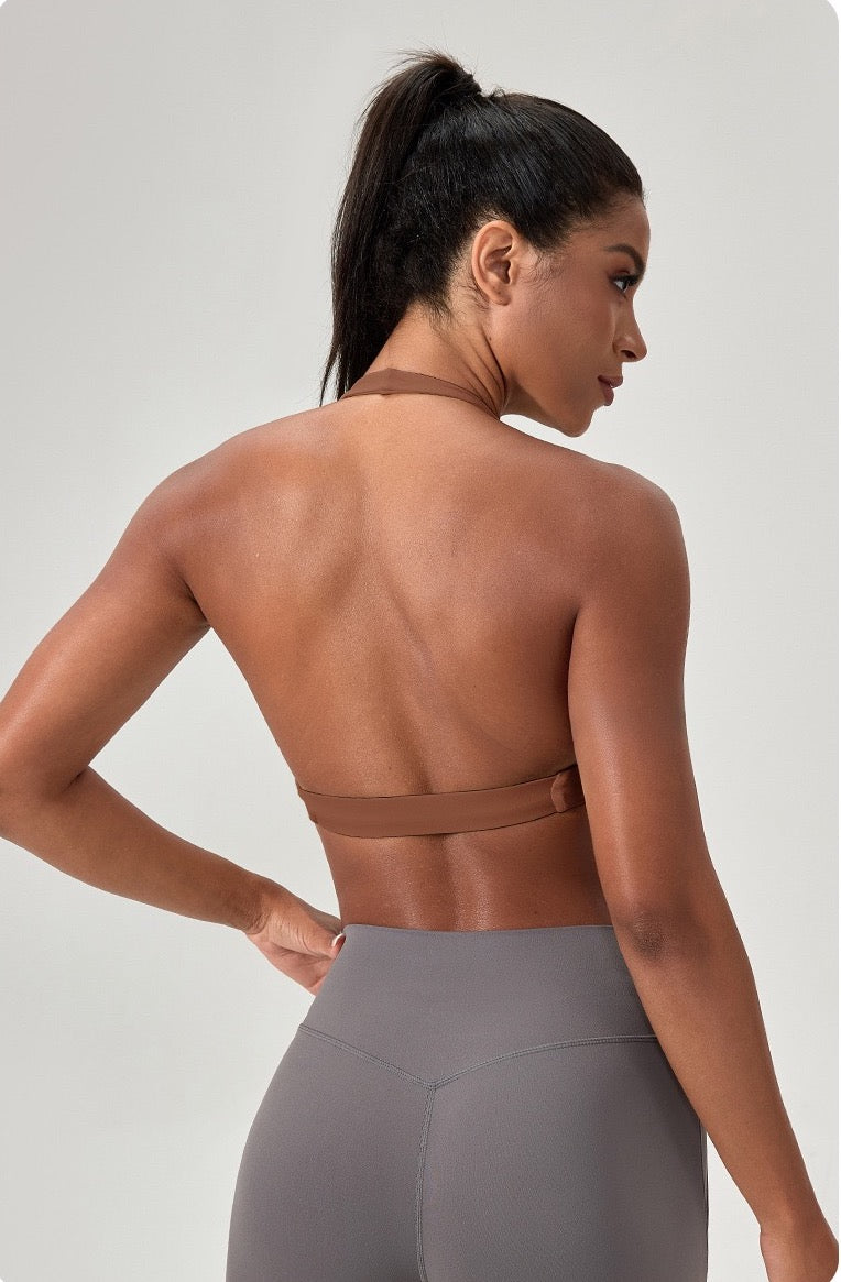brown halter neck sports bra