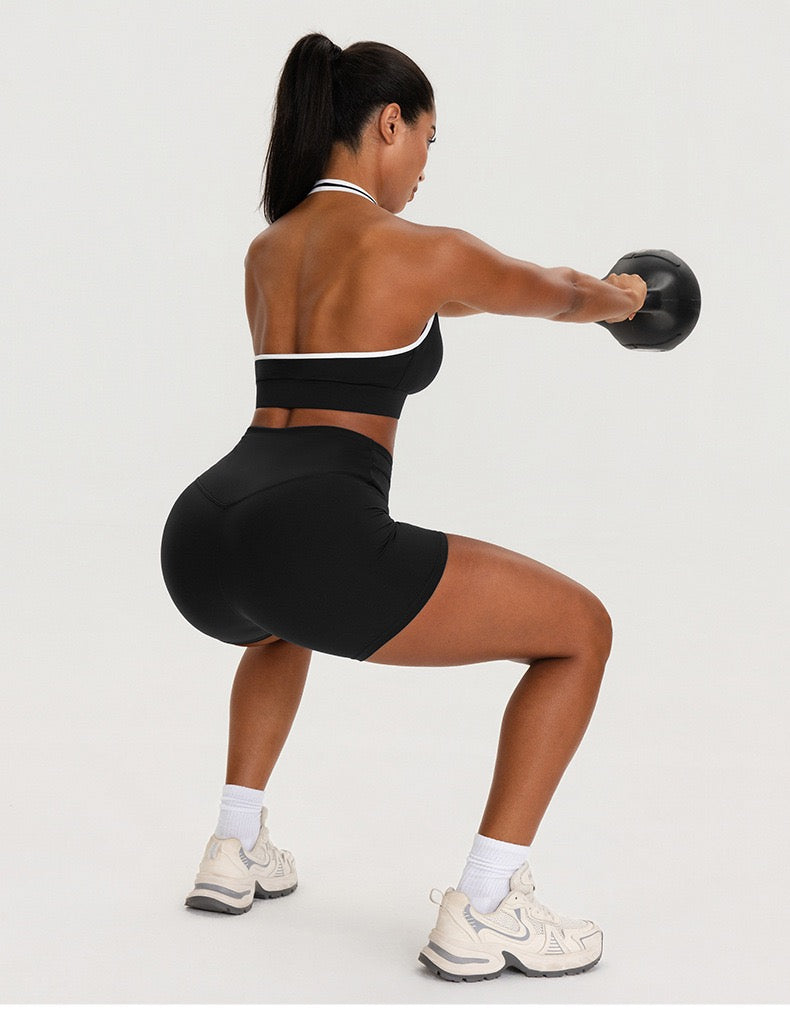 black halter neck sports bra matching shorts