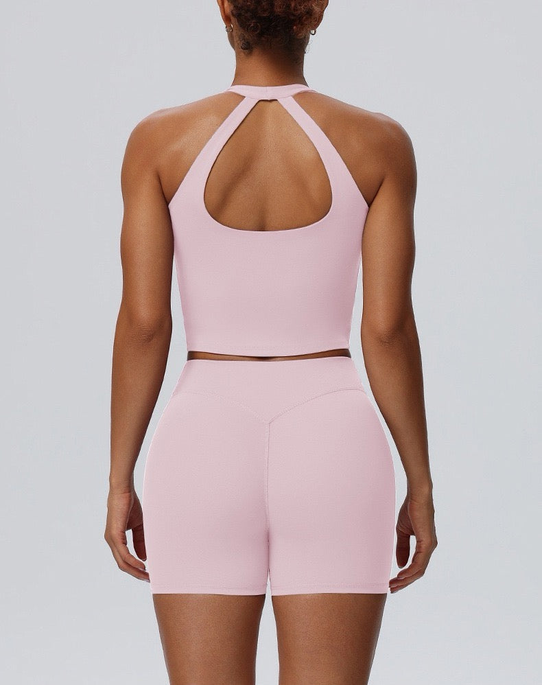 pink halter neck sports bra set