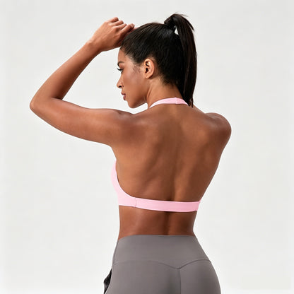 pink halter neck sports bra twist front style