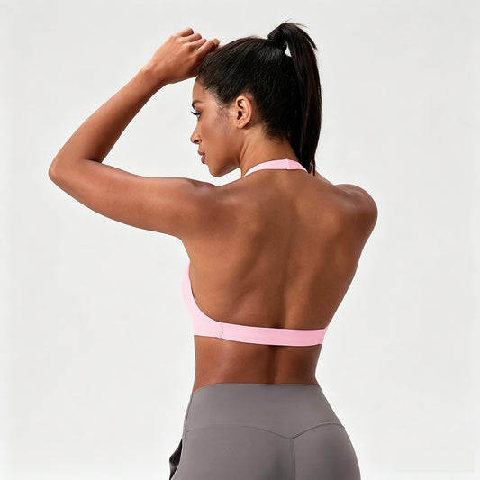 pink halter neck sports bra twist front style