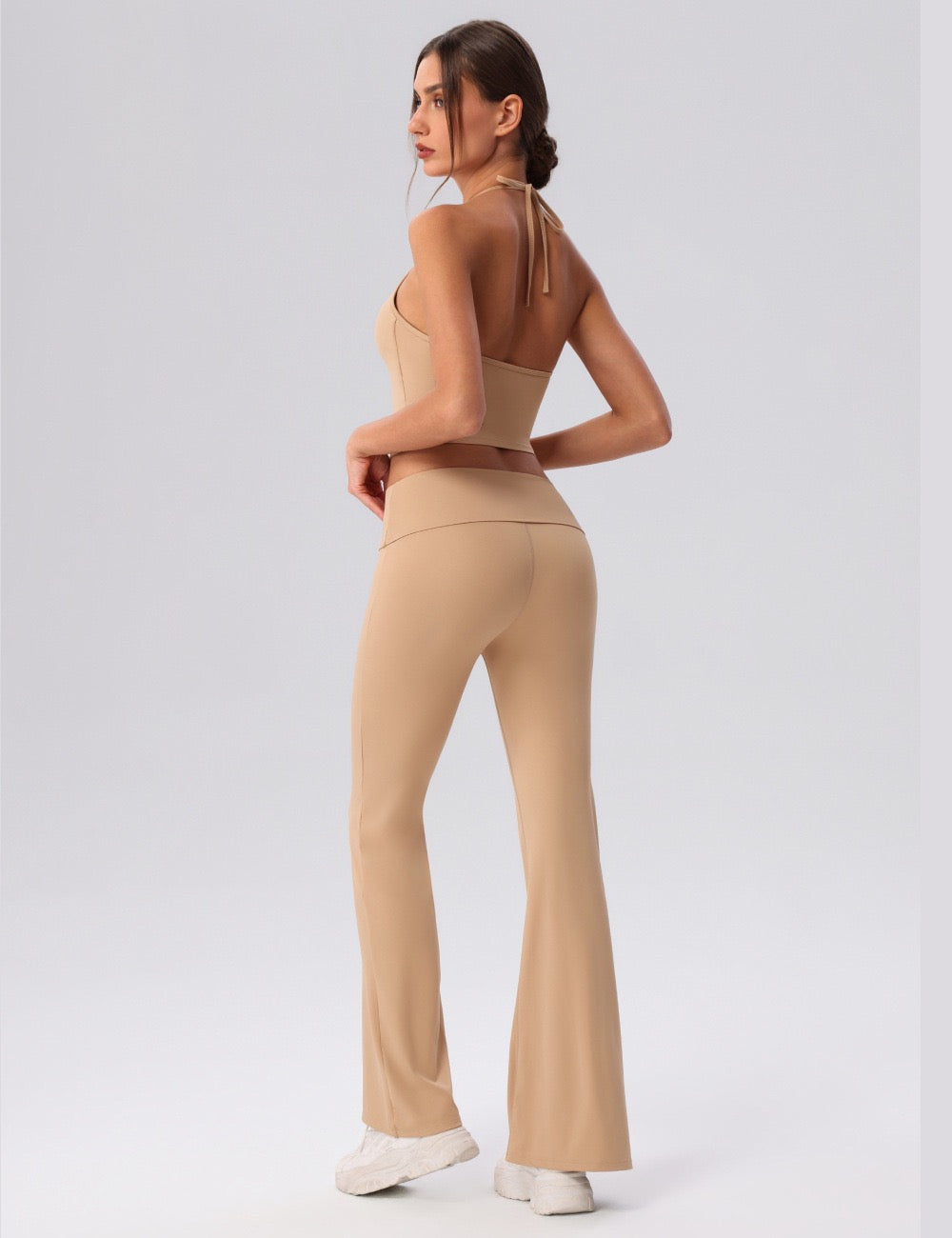 khaki halter neck yoga top built in bra