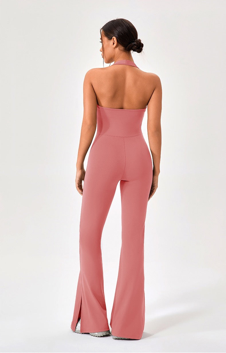 halter open back jumpsuit pink