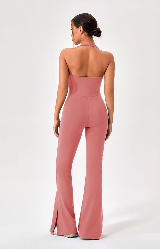 halter open back jumpsuit pink