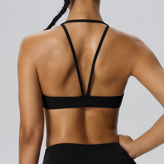 halter open back yoga bra black