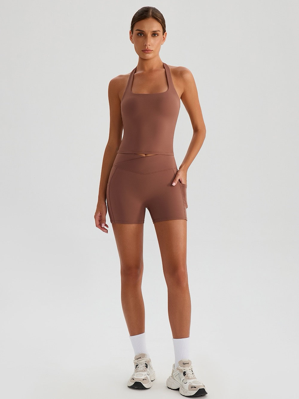 brown halter tank top and pocket shorts set 
