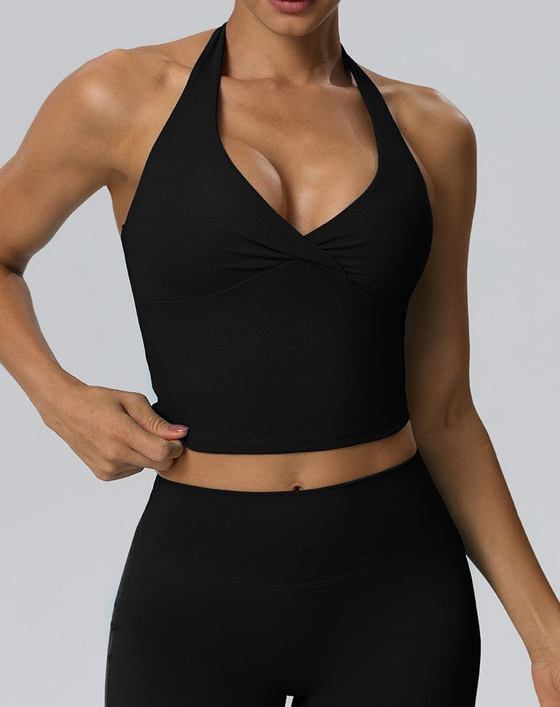 halter v neck crop top black