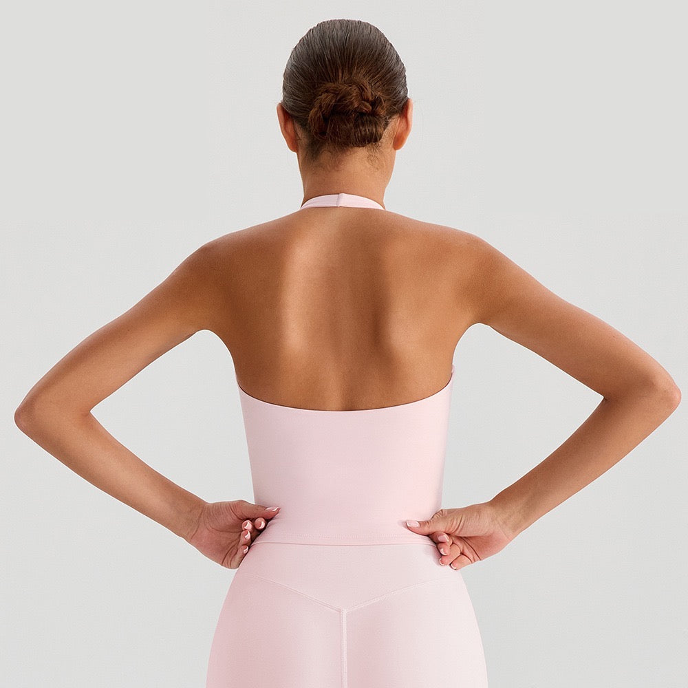 pink halter yoga top with removable pads