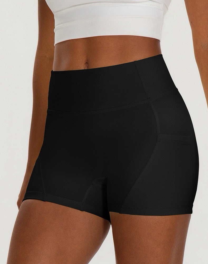 high rise tummy control workout shorts with pockets black