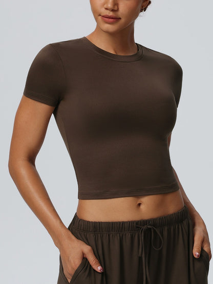 brown short sleeve yoga crop top