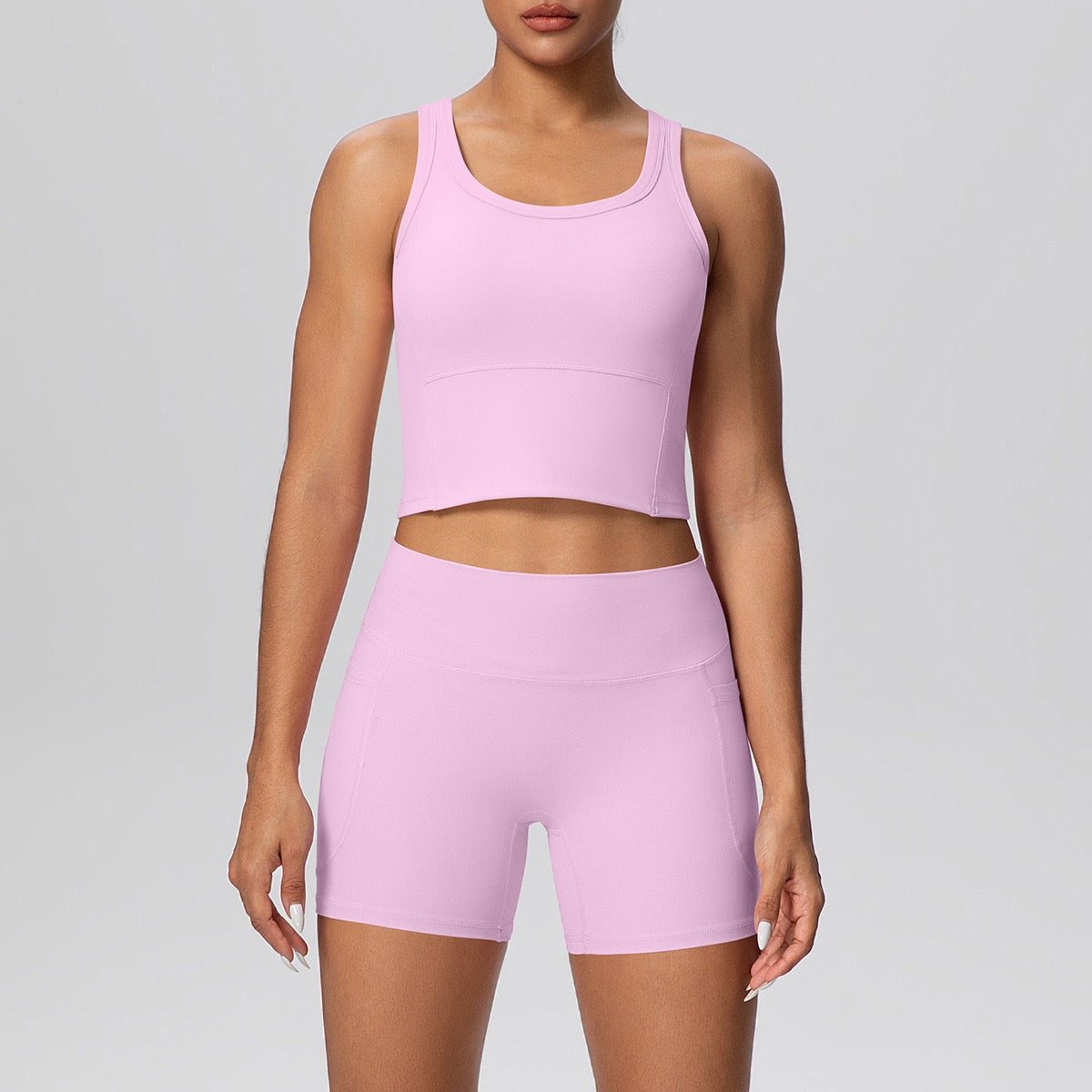 high waist shorts and sports bra set pink