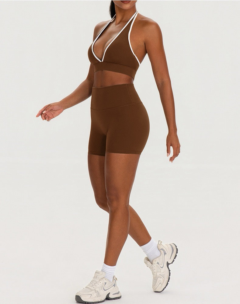 high waist shorts matching bra set brown