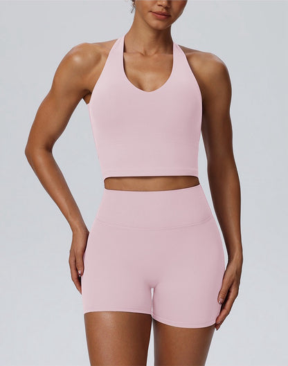 pink high waisted gym shorts set