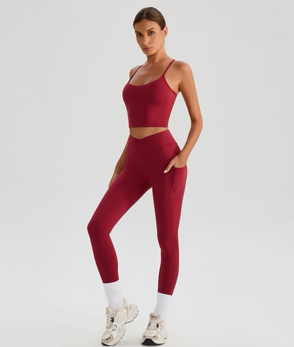 high waisted leggings with pockets and crop top set red colour