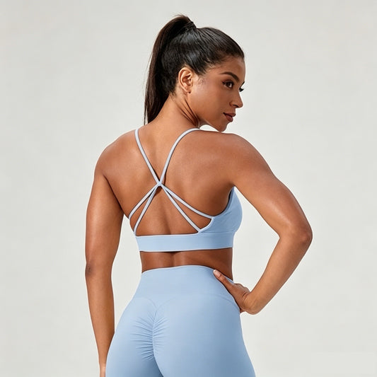 light blue strappy back sports bra