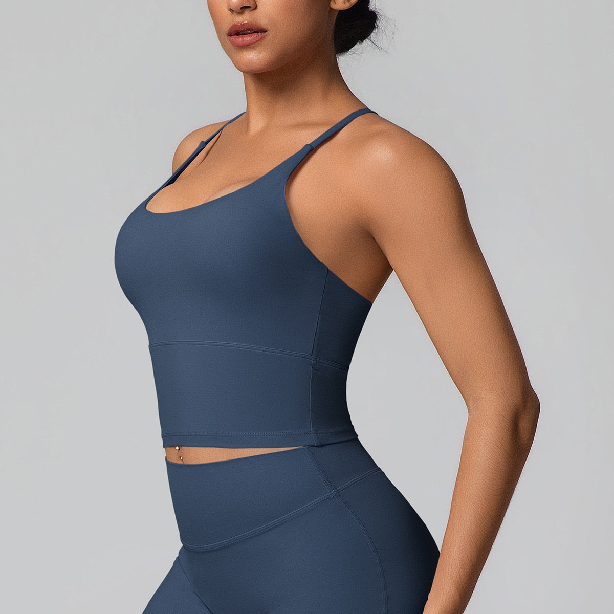 navy longline cropped bra for yoga and loungewear