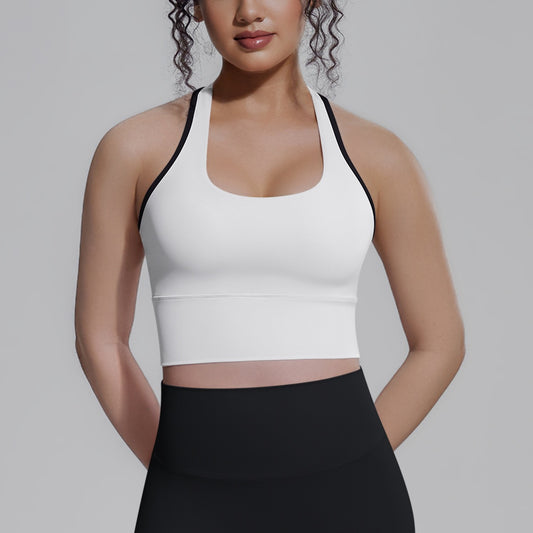 white longline sports bra with built in bra