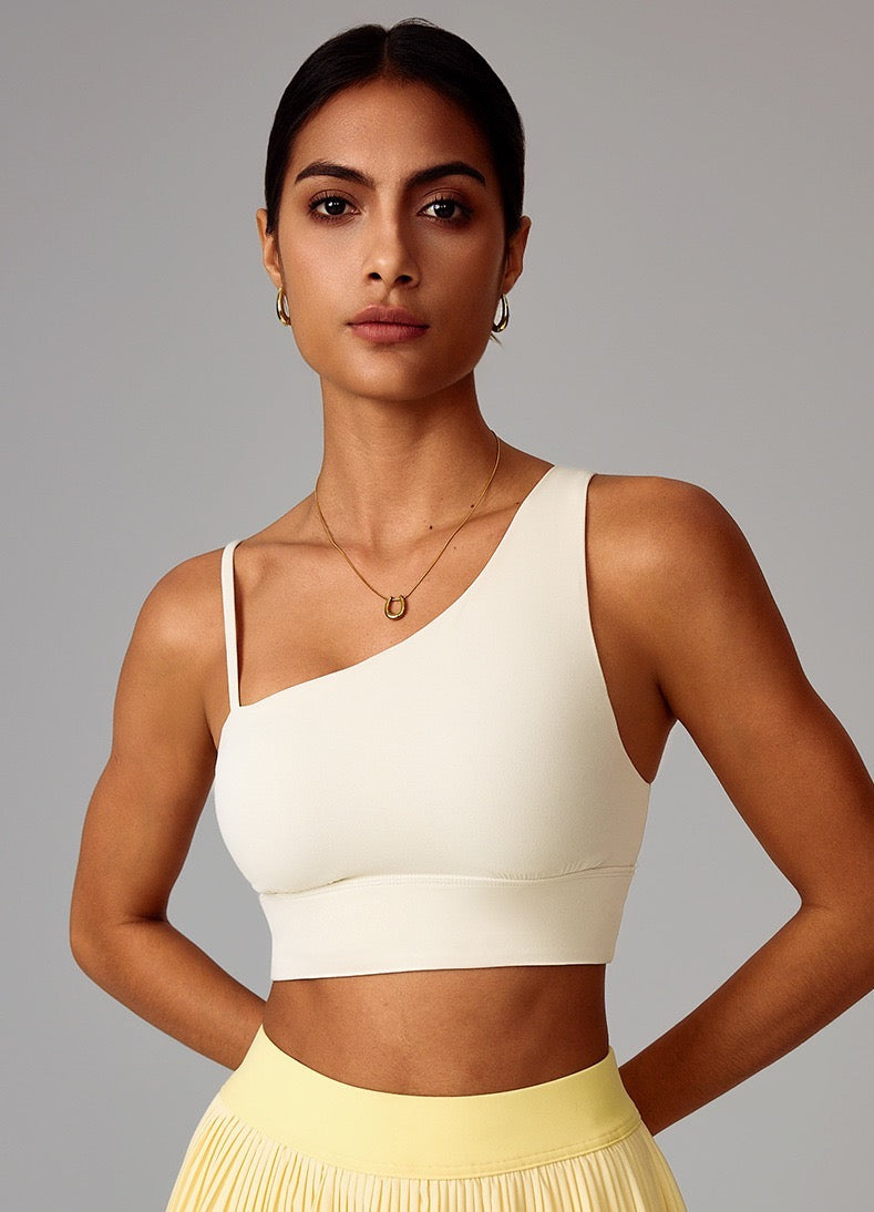 low impact one shoulder sports bra white color