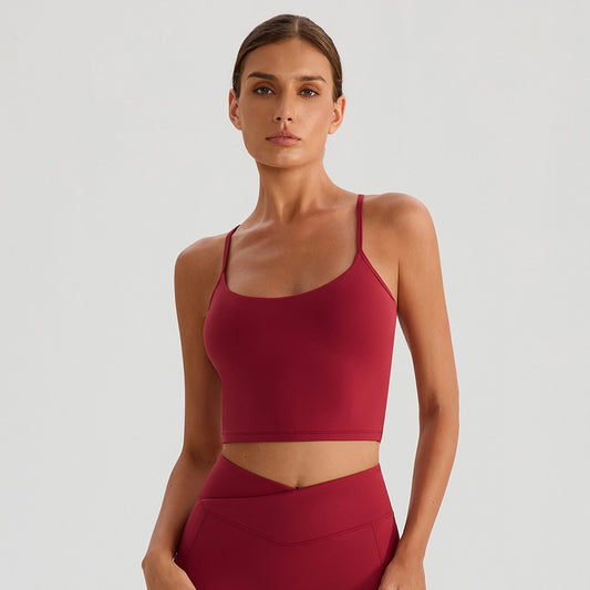 red yoga crop top with built-in bra