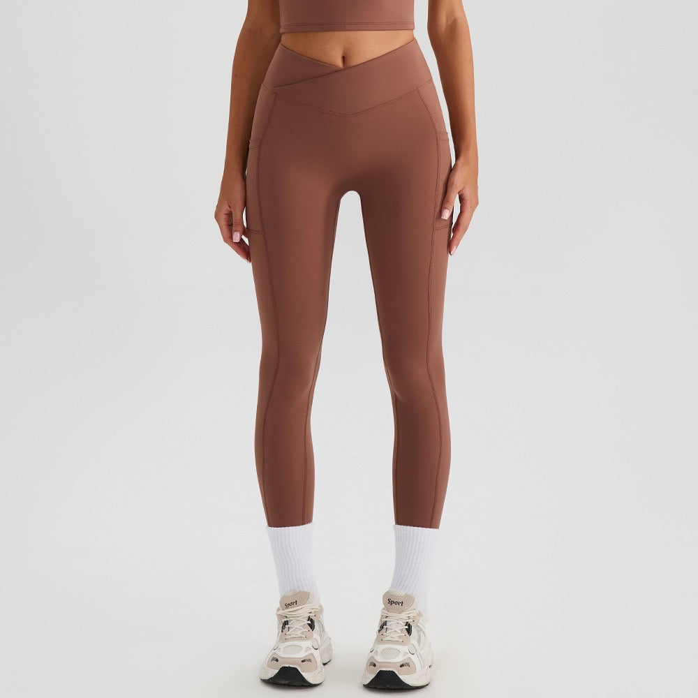 brown workout outfit with leggings and crop top 