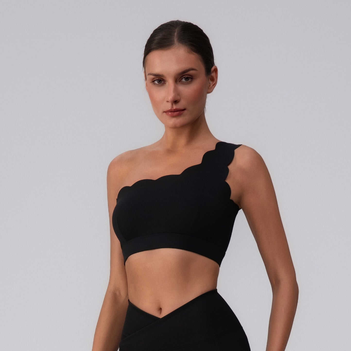 one shoulder sports bra black