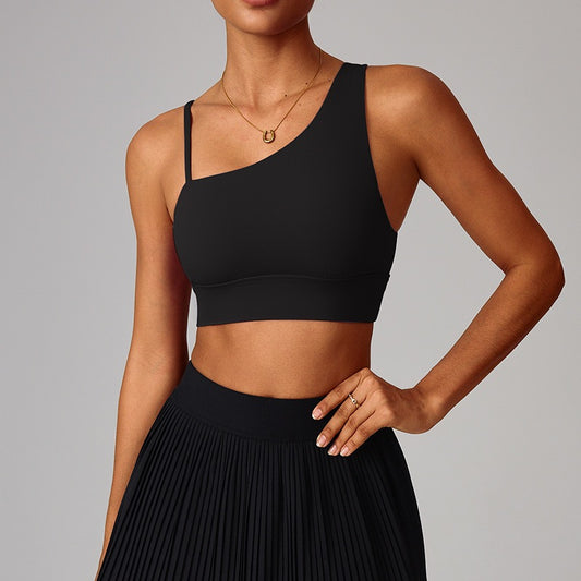 one shoulder workout bra black