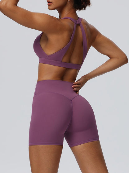 purple open back sports bra women