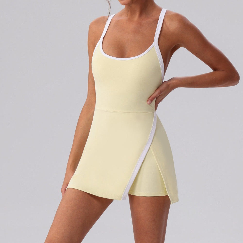 Yellow Tennis Dress with Built-In Shorts | Cross-Back Style