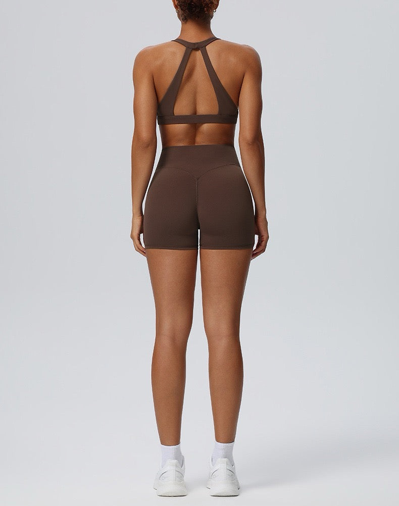 brown pilates workout shorts