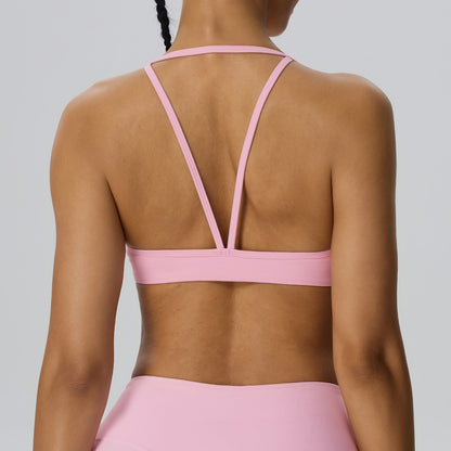 pink halter V-back sports bra