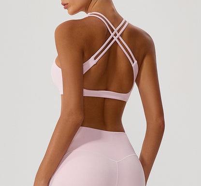 pink strappy sports bra women