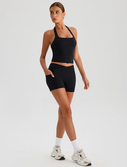black pocket shorts and halter neck top set