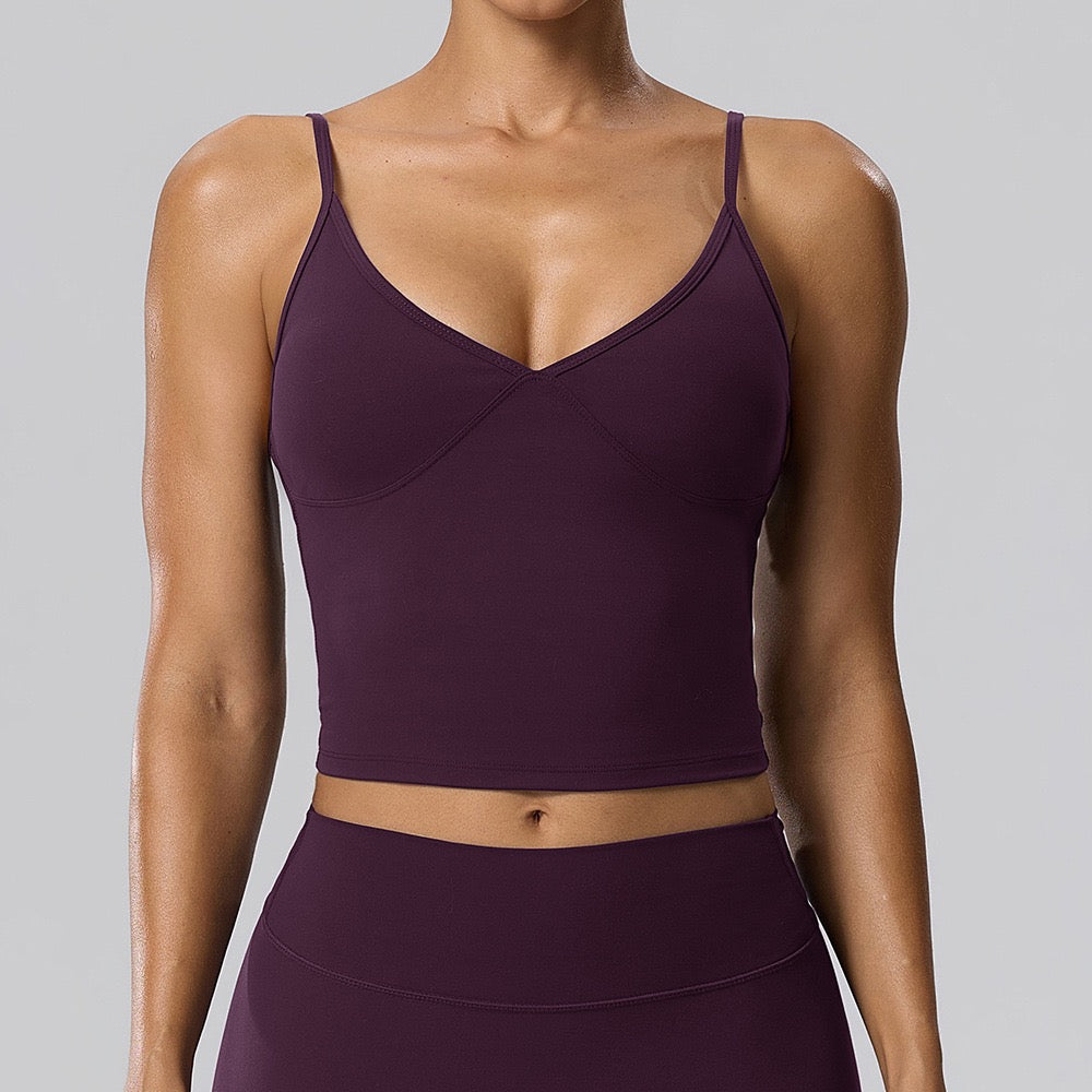 purple V-neck longline sports bra