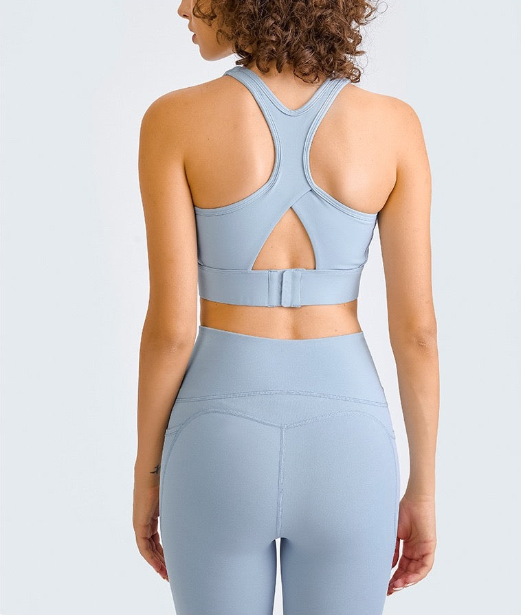 racerback sports bra with back cutout and padding
