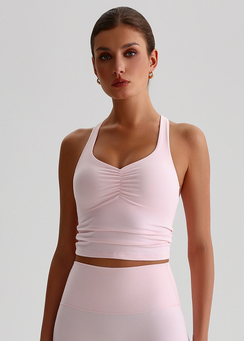 ruched racerback yoga top with removable pads