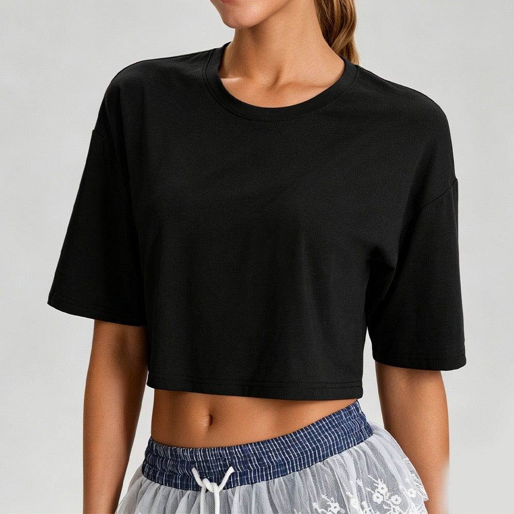 black running crop t shirt women