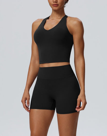 black running shorts and sports bra set