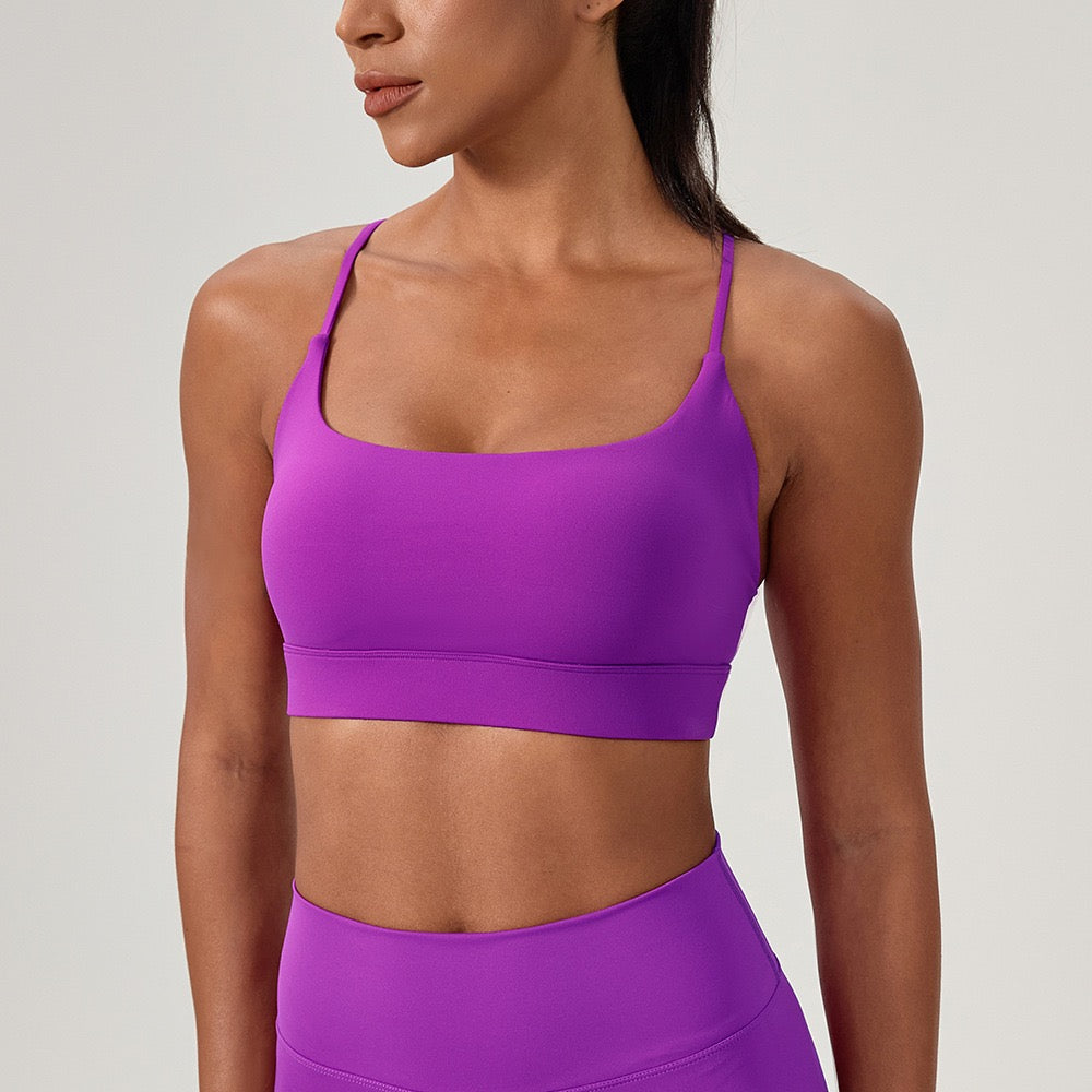 purple scoop neck sports bra