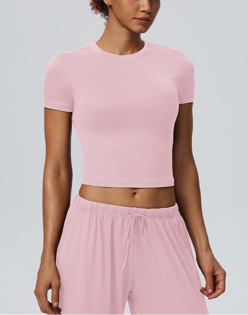 pink athleisure crop tee