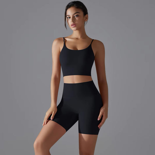 Seamless Crop Top & Biker Shorts Set - Black
